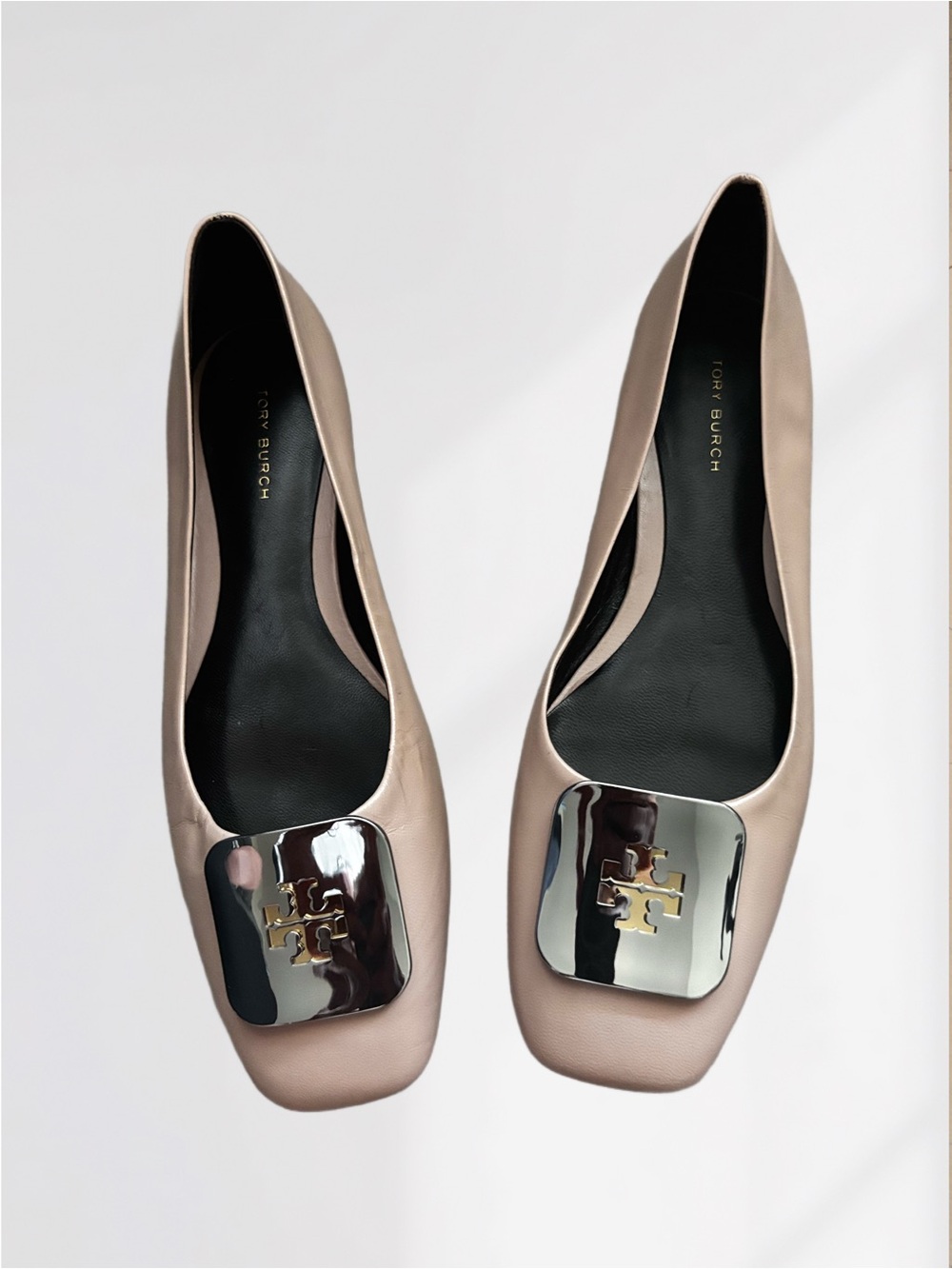 Tory Burch Pink Brick Leather Square-Toe Flats with Metallic Logo Accent